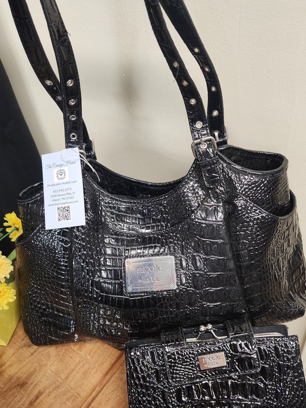 Nicole Miller Black Croc-Embossed Shoulder Bag with Matching Wallet